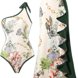 Women's One Piece Swimsuit with Beach Cover up Wrap Skirt Sarong Retro Floral Print Bikini Set Two Piece