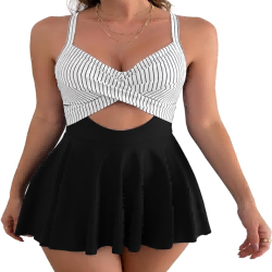 Women Cutout One Piece Skirt Swimsuit V Neck Wrap Tie Back Swimdress Tummy Control Bathing Suit