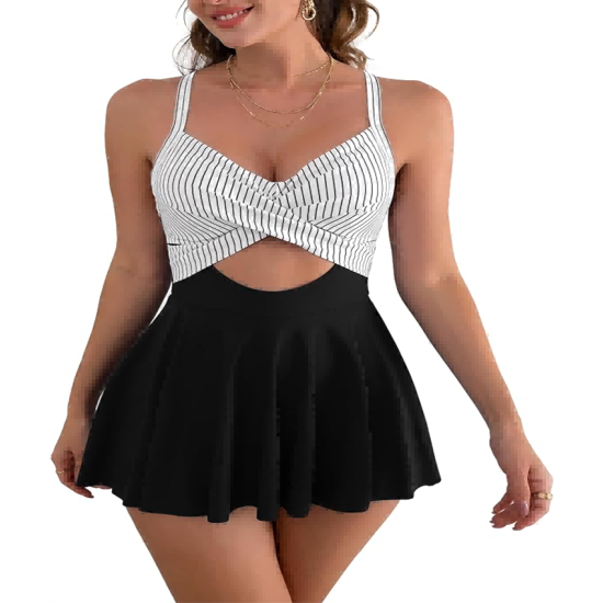 Women Cutout One Piece Skirt Swimsuit V Neck Wrap Tie Back Swimdress Tummy Control Bathing Suit Women Cutout One Piece Skirt Swimsuit V Neck Wrap Tie Back Swimdress Tummy Control Bathing Suit