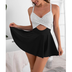 Women Cutout One Piece Skirt Swimsuit V Neck Wrap Tie Back Swimdress Tummy Control Bathing Suit