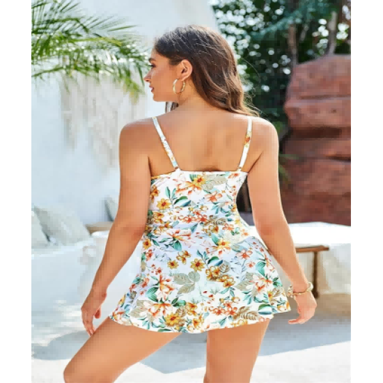 Women's One Piece Swimsuits Tummy Control V Neck Twist Knot Tropical Skirted Swimdress Women's One Piece Swimsuits Tummy Control V Neck Twist Knot Tropical Skirted Swimdress