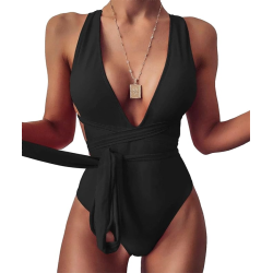 Sexy Tie Criss Cross Plunge One Piece Thong Swimsuit High Cut Brazilian Bathing Suit