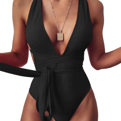 Sexy Tie Criss Cross Plunge One Piece Thong Swimsuit High Cut Brazilian Bathing Suit