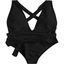 Sexy Tie Criss Cross Plunge One Piece Thong Swimsuit High Cut Brazilian Bathing Suit