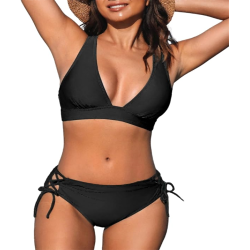 Bikini Set for Women Two Piece Swimsuit V Neck Triangle Top Wide Straps Cross Back Lace up Mid Rise
