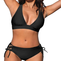 Bikini Set for Women Two Piece Swimsuit V Neck Triangle Top Wide Straps Cross Back Lace up Mid Rise