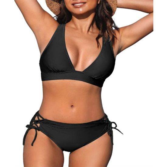 Bikini Set for Women Two Piece Swimsuit V Neck Triangle Top Wide Straps Cross Back Lace up Mid Rise Bikini Set for Women Two Piece Swimsuit V Neck Triangle Top Wide Straps Cross Back Lace up Mid Rise