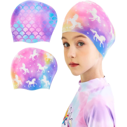 2 Pack Kids Swim Cap Durable Silicone Swim Caps for Boys Girls Toddler Waterproof Bathing Pool Swimming Caps Comfortable Kids Mermaid Unicorn Swimming Hats for Long and Short Hair