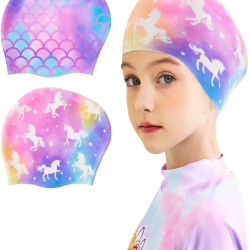 2 Pack Kids Swim Cap Durable Silicone Swim Caps for Boys Girls Toddler Waterproof Bathing Pool Swimming Caps Comfortable Kids Mermaid Unicorn Swimming Hats for Long and Short Hair