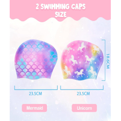 2 Pack Kids Swim Cap Durable Silicone Swim Caps for Boys Girls Toddler Waterproof Bathing Pool Swimming Caps Comfortable Kids Mermaid Unicorn Swimming Hats for Long and Short Hair