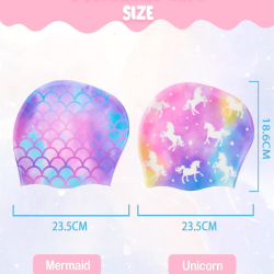 2 Pack Kids Swim Cap Durable Silicone Swim Caps for Boys Girls Toddler Waterproof Bathing Pool Swimming Caps Comfortable Kids Mermaid Unicorn Swimming Hats for Long and Short Hair